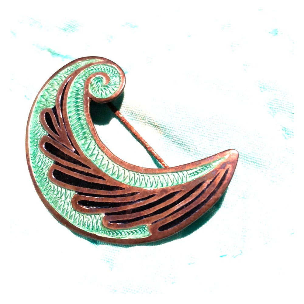 Taxco Green Enamel Silver Brooch